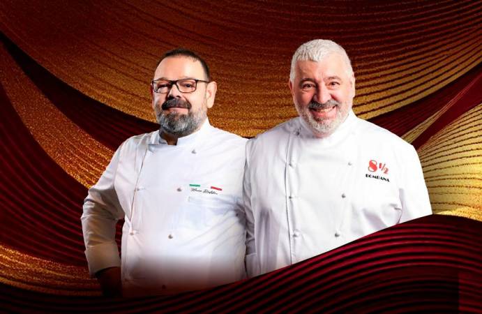 The new Executive Chef of 8½ Otto e Mezzo BOMBANA at Galaxy Macau Marino D’Antonio (left) and Michelin Three Starred Maestro Chef Umberto Bombana (right).