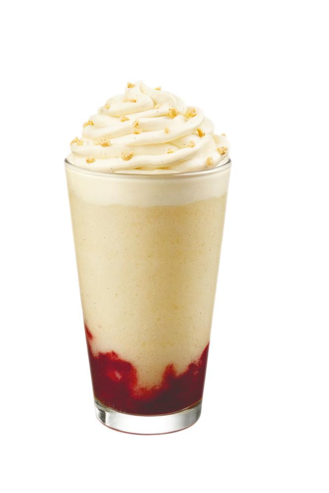 (below) Starbucks Strawberry Choux Cream Frappuccino.