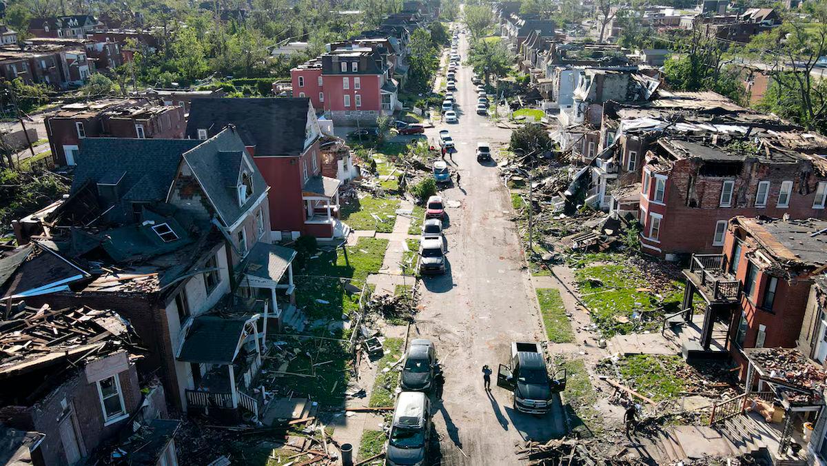 A drone view shows damaged houses after a tornado struck St. Louis, Missouri, May 17. REUTERS/Lawrence Bryant