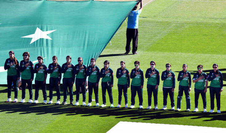 Pakistan team line up for the national anthems during the Women’s Cricket World Cup match between New Zealand and Pakistan at Hagley Oval in Christchurch on March 26, 2022. - AFPpix
