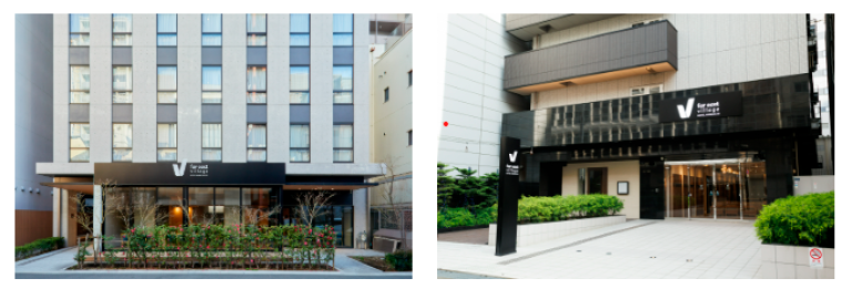 From L – R, façade images of Far East Village Hotel Osaka, Namba South and Far East Village Hotel Osaka, Honmachi