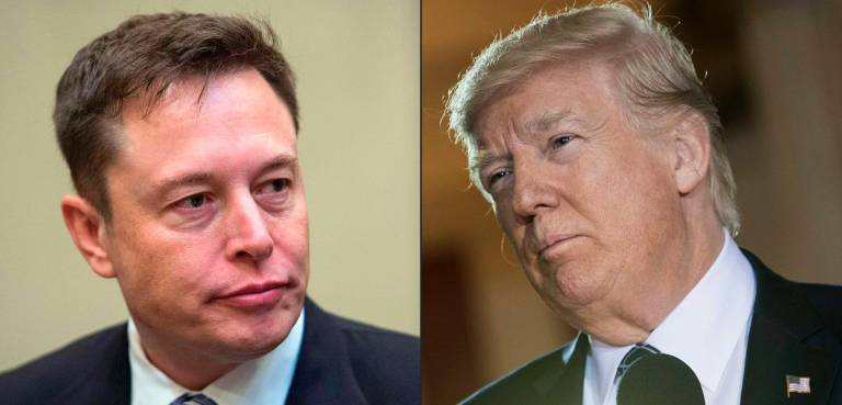 This combination of pictures created on May 31, 2017 shows a file photo taken on January 23, 2017 showing SpaceX CEO Elon Musk listening to US President Donald Trump speak during a meeting with business leaders in the Roosevelt Room at the White House in Washington, DC, on January 23, 2017. - AFP pic