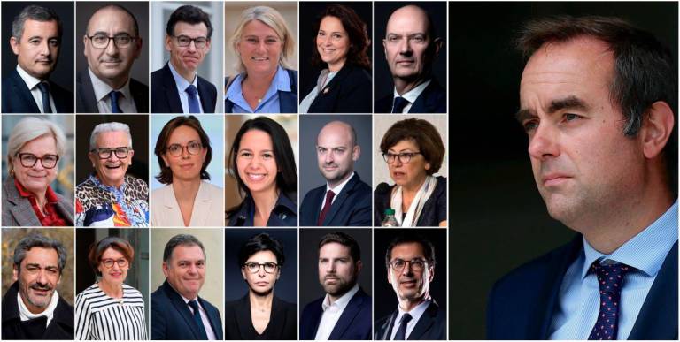 This combination of files photographs created on October 12, 2025 shows newly-appointed members of the cabinet of French Prime Minister Sebastien Lecornu (R) following it’s announcement.- AFP