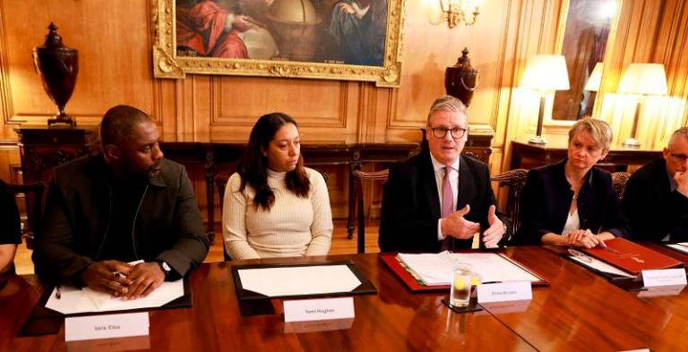 Britain’s Prime Minister Keir Starmer at a knife crime summit in Downing Street along with Idris Elba , in London, Britain September 9, 2024. - Ian Vogler/Pool via REUTERS