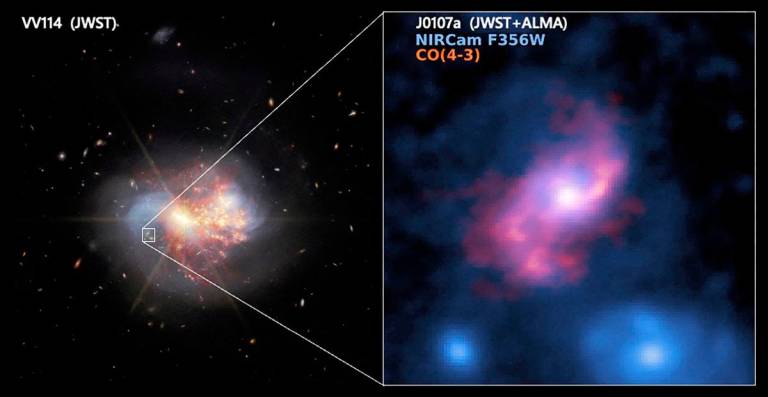 A near-infrared image shows the nearby galaxy VV114 captured by NASA’s James Webb Space Telescope, with the monster barred spiral galaxy J0107a in the background, captured by the Atacama Large Millimeter/submillimeter Array and NASA’s James Webb Space Telescope, in this undated image. Stellar and molecular gas distribution of J0107a is shown on the right. - NASA, Handout via REUTERS