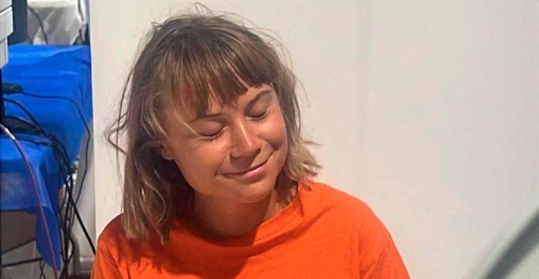 Swedish activist Greta Thunberg sits at an unknown location, after Israel intercepted the vessels of the Global Sumud Flotilla aiming to reach Gaza and break Israel’s naval blockade, in this handout image released on October 3, 2025. - ISRAEL FOREIGN MINISTRY/Handout via REUTERS