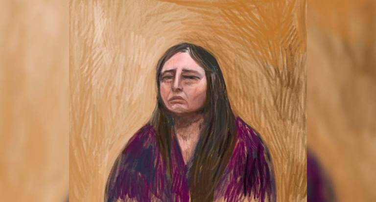 A court sketch drawn from a video link shows Erin Patterson, an Australian woman accused of murdering three of her estranged husband’s elderly relatives with a meal laced with poisonous mushrooms, appearing as a witness for her own defense, at the Latrobe Valley Magistrates’ Court in Morwell, Australia, June 2, 2025. - AAP/via REUTERS