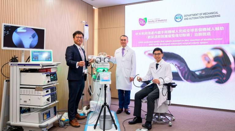 Pictured with the Intilume™ System (from left) Professor Kwok Ka-wai, Co-Founder of Agilis Robotics and Professor in the Department of Mechanical and Automation Engineering at CUHK, Professor Ng Chi-fai, Tzu Leung Ho Professor of Urology, and Dr Peter Chiu Ka-fung, Associate Professor in the Division of Urology.