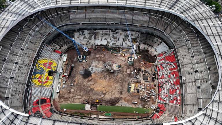 This aerial view shows the Banorte Stadium (formerly known as Azteca Stadium) during its renovation work for the 2026 World Cup in Mexico City on June 2, 2025.
