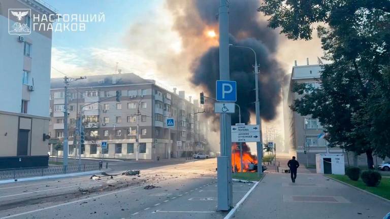 A car burns following what local authorities called a Ukrainian drone attack in the course of Russia-Ukraine conflict in Belgorod, Russia August 14, 2025, in this still image taken from video. Governor of Belgorod Region Vyacheslav Gladkov via Telegram/Handout via REUTERS