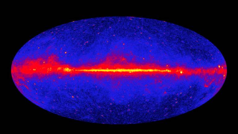 A bright band of diffuse gamma ray glow along the map's center, which marks the central plane of the Milky Way galaxy, is seen in an undated image based on five years of data from NASA's Fermi Gamma-ray Space Telescope. - NASA/DOE/Fermi LAT Collaboration/Handout via REUTERSPIX