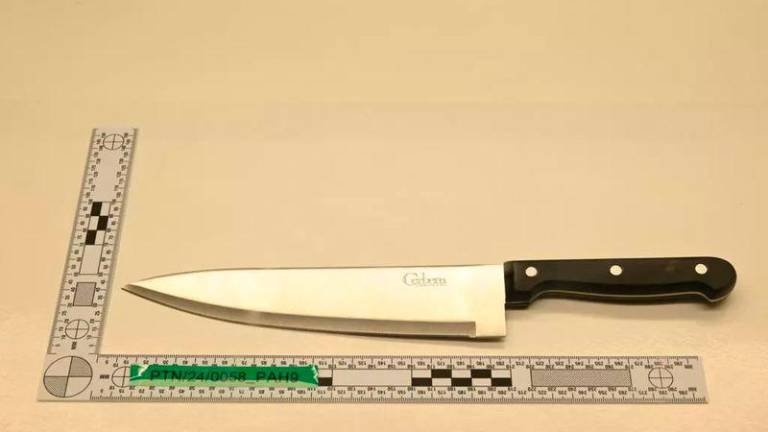 A handout image released by Merseyside Police shows a replica of the knife used in the July Southport attack by Axel Rudakubana © - / MERSEYSIDE POLICE/AFP