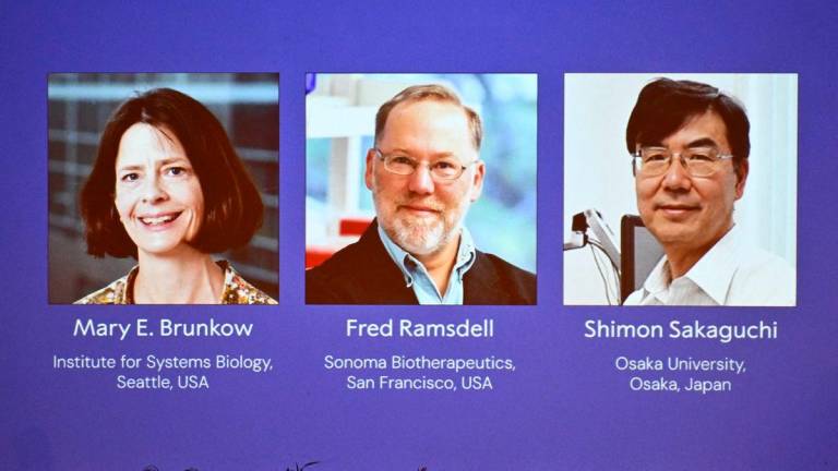 Mary E Brunkow, Fred Ramsdell and Shimon Sakaguchi are awarded this year’s Nobel Prize in Medicine or Physiology at Karolinska Institutet in Stockholm, Sweden, October 6, 2025. TT News Agency/Claudio Bresciani via REUTERS