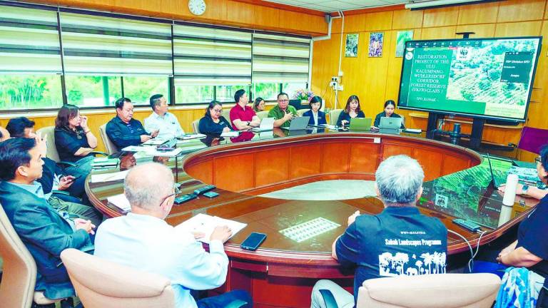 SFD Corporate Communication and Innovation Division head Karim Abd Samad (4th right) gives a briefing on the restoration during the meeting.