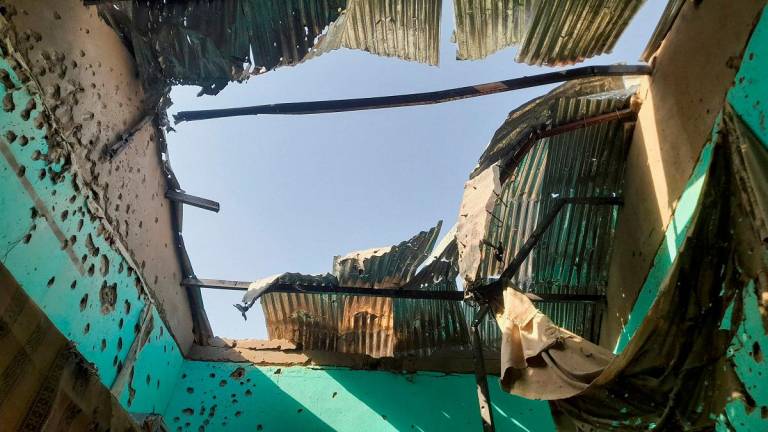 A ceiling damaged by shelling shrapnel at a displaced persons center in El Fasher, Sudan, October 7, 2025. - REUTERS/Mohyaldeen M Abdallah