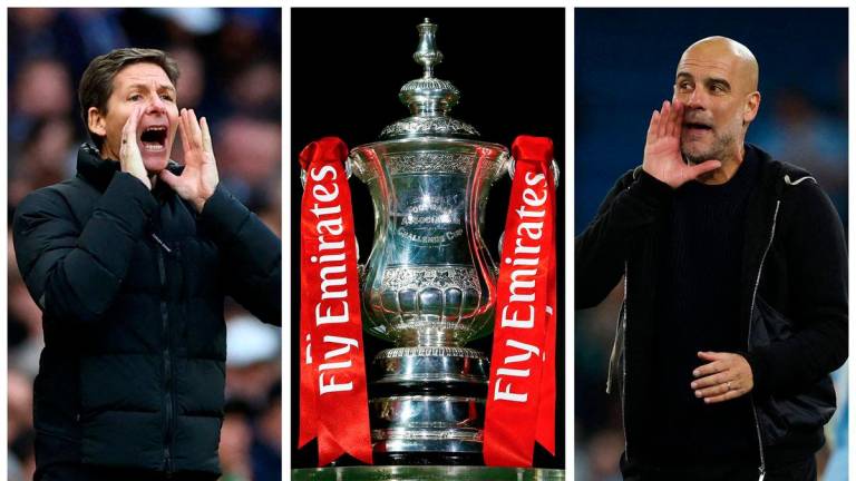 A combination picture shows Crystal Palace manager Oliver Glasner, the FA Cup trophy and Manchester City manager Pep Guardiol. REUTERSpix