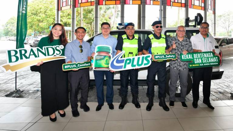 At the launch of the road safety campaign (from left) BRAND’S Essence of Chicken’s Head of Marketing Eunice Kow; PLUS Malaysia’s Acting Head of Corporate Communications Iskandar Dzulkifli; Suntory Beverage and Food Malaysia’s Marketing Director Rodney Tan; PLUSRonda Officers Meor Muhammad Asfur; and Hazafullah Humaidi; PLUS Malaysia’s Senior General Manager for Operations Mohd Yusuf Mohd Aziz; and PLUS Malaysia’s Central Region Manager Husni Md Yusuf.