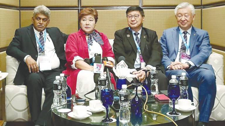 From left: Malaysian Associated Indian Chambers of Commerce and Industry president Datuk Seri N. Gobalakrishnan, Cape EMS Bhd CEO Christina Tee Kim Chin, Soh and Associated Chinese Chambers of Commerce and Industry of Malaysia president Tan Sri Low Kian Chuan during a press conference at the National Economic Forum 2024.
