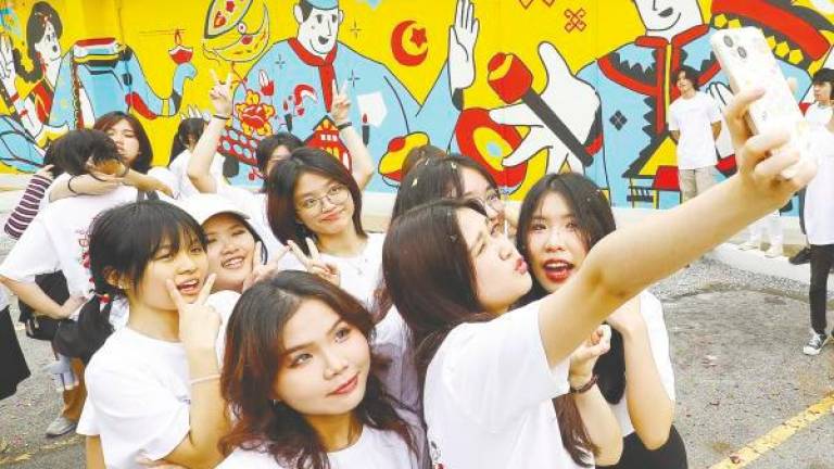 The students posing in front of one of the murals from the project, which was carried out from June 12 to 15. – AMIRUL SYAFIQ/THESUN