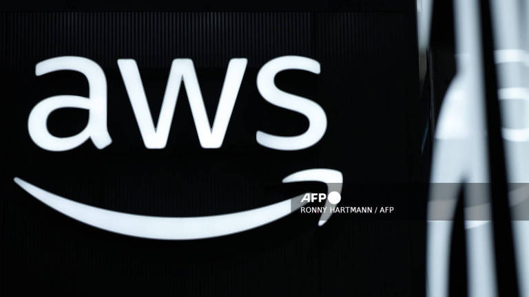 The logo of Amazon Web Services (AWS) is seen during the opening of the Hannover Messe industrial trade fair for mechanical and electrical engineering and digital industries, on March 31, 2025 in Hanover, northern Germany. - AFP