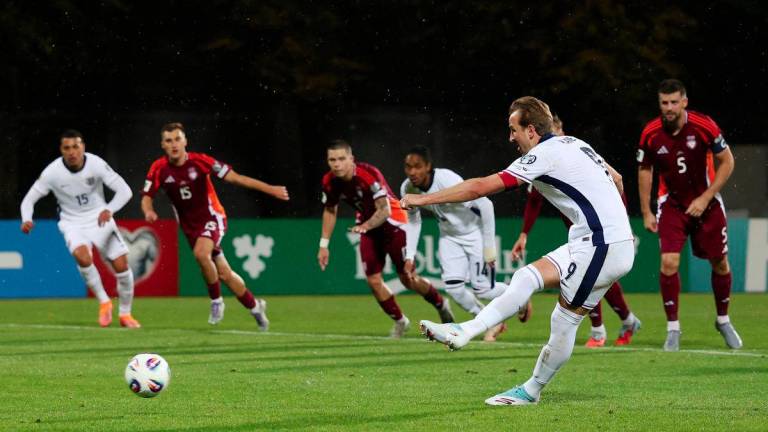 Football - FIFA World Cup - UEFA Qualifiers - Group K - Latvia v England - Daugava Stadium, Riga, Latvia - October 14, 2025England's Harry Kane scores their third goal from the penalty spot - Action Images via REUTERSPIX