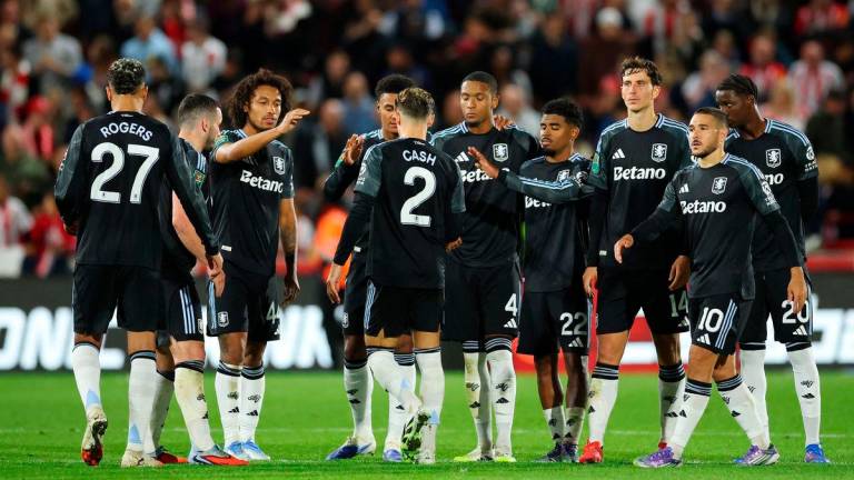 Aston Villa’s Matty Cash, Morgan Rogers, Ezri Konsa, Ian Maatsen, Pau Torres, Emiliano Buendia, and Jamaldeen Jimoh-Aloba. Action Images via Reuters