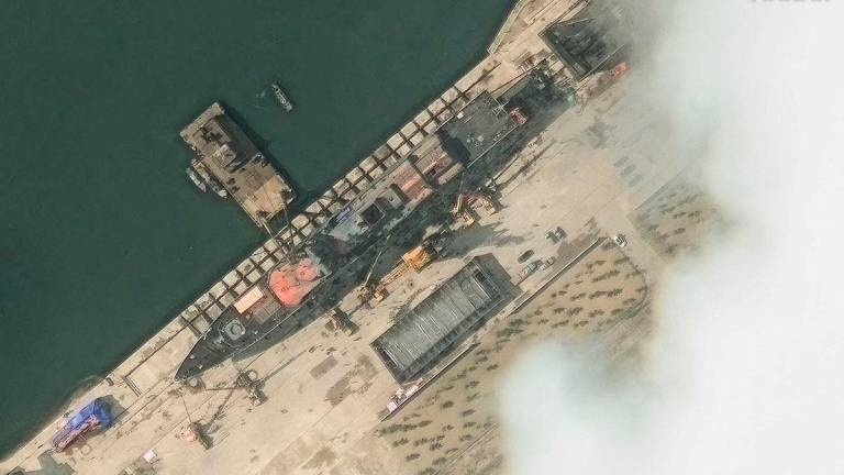 A satellite image shows the new North Korean warship at harbour before launch, in Chongjin, North Korea, May 18, 2025.