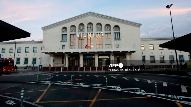 Picture taken on November 25, 2024 shows the entrance to the international airport in Vilnius, Lithuania. (Photo by Petras Malukas / AFP)