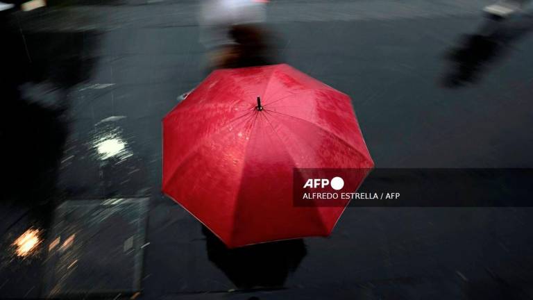 A person shelters under an umbrella from the rain in Mexico City on August 13, 2025. Mexico City has seen heavy rainfall since June 2025. - AFP