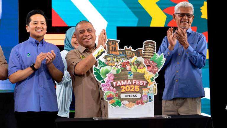 - Menteri Besar Perak Datuk Seri Saarani Mohamad ketika hadir merasmikan FAMA Fest 2025 @ Perak di Pusat Transformasi Luar Bandar (RTC) Gopeng hari ini. Turut hadir Timbalan Menteri Pertanian dan Keterjaminan Makanan Datuk Arthur Joseph Kurup (kiri) dan Pengerusi FAMA Aminuddin Zulkipli (kanan). BERNAMApix