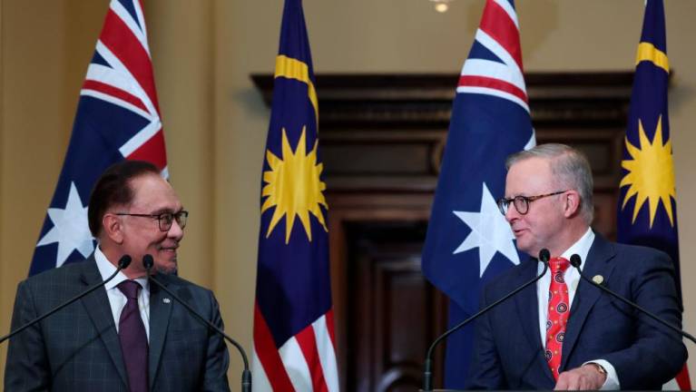 Prime Minister Datuk Seri Anwar Ibrahim (left) with Australia’s Prime Minister Anthony Albanese at a joint press conference after the 2nd Malaysia–Australia Annual Leaders’ Meeting (ALM) at the Government House today./BERNAMAPix