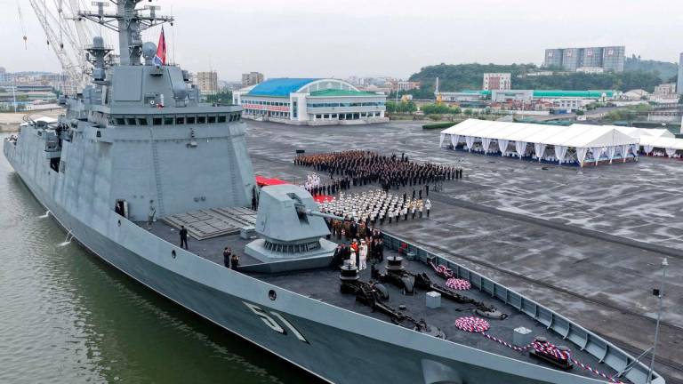 North Korean leader Kim Jong Un visits the Choe Hyon naval destroyer at a military exhibition in an undisclosed location on October 5, 2025, in this pictured released October 6, 2025 by North Korea’s official Korean Central News Agency. KCNA via REUTERS
