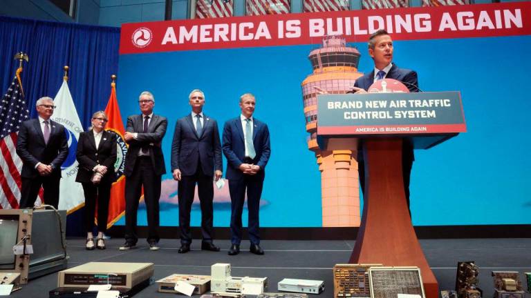 U.S. Secretary of Transportation Sean Duffy (R) speaks alongside airline executives, including (2ndR-L) CEO of United Airlines Scott Kirby, Robert Isom CEO of American Airlines, Ed Bastian CEO of Delta Air Lines, Joanna Geraghty CEO of JetBlue and Robert Jordan CEO of Southwest Airlines, at an event unveiling a new U.S. air traffic control system at the Department of Transportation on May 08, 2025 in Washington, DC. AFPpix