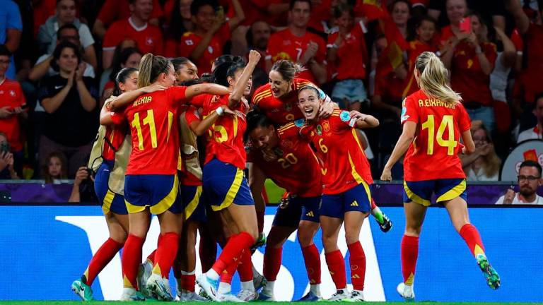 Spain’s Athenea celebrates scoring their first goal with teammates-REUTERS