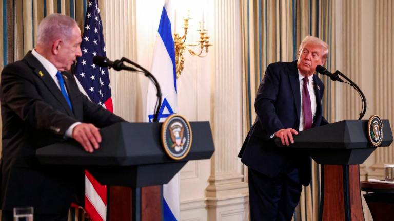 U.S. President Donald Trump and Israeli Prime Minister Benjamin Netanyahu hold a joint press conference in the State Dining Room at the White House, in Washington, D.C., U.S., September 29, 2025. - REUTERSPIX
