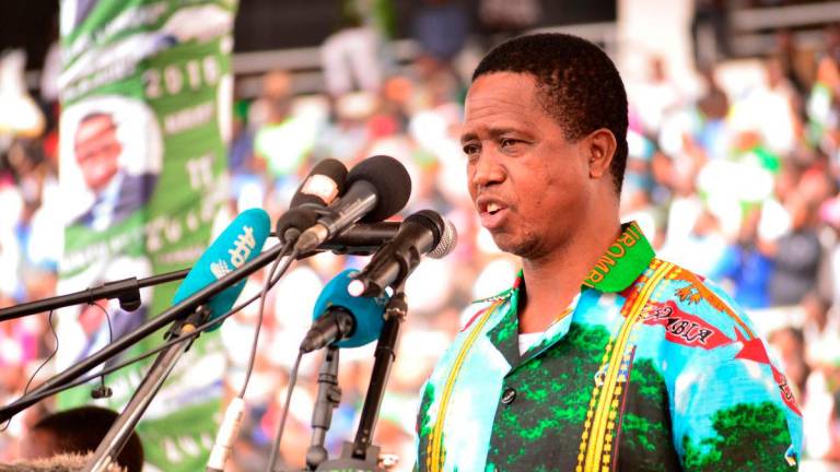 his file photo taken on May 21, 2016 shows incumbent Zambian President Edgar Lungu addressing tens of thousands of supporters at the Heroes Stadium in Lusaka.AFPpix