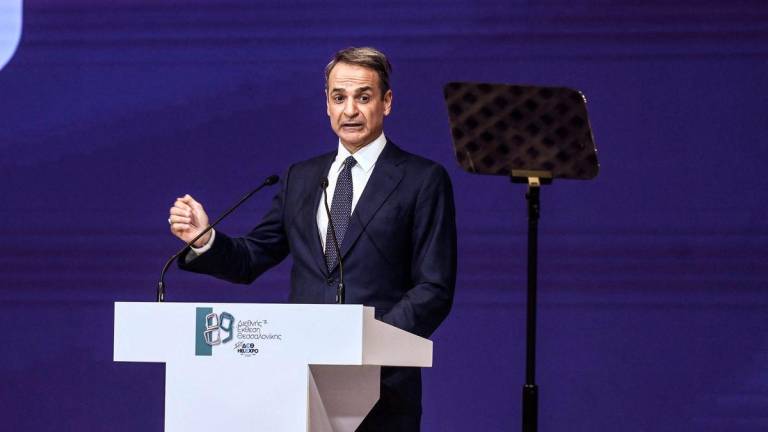 Greek Prime Minister Kyriakos Mitsotakis delivers a speech during the opening of the annual Thessaloniki International Fair (TIF) in Thessaloniki, northern Greece, on September 6, 2025. (Photo by SAKIS MITROLIDIS / AFP)