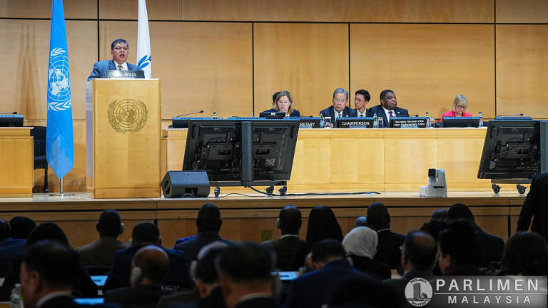Dewan Rakyat Speaker Tan Sri Johari Abdul during his speech at the Sixth World Conference of Speakers of Parliament in Geneva. (Credit: Dato’ Johari Abdul / Facebook)