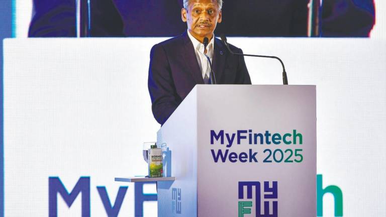 Abdul Rasheed delivers his keynote address during the launch of MyFintech Week 2025 at Sasana Kijang today. – Bernamapic