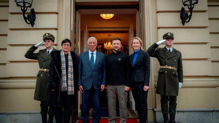 Ukraine's President Volodymyr Zelenskiy, European Council President Antonio Costa, European Commission Vice-President and High Representative for Foreign Affairs and Security Policy Kaja Kallas and EU enlargement chief Marta Kos pose for a picture on the day of their meeting, amid Russia's attack on Ukraine, in Kyiv, Ukraine, December 1, 2024. - Ukrainian Presidential Press Service/Handout via REUTERSPIX