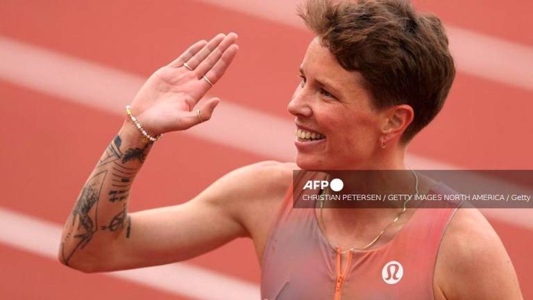 Nikki Hiltz celebrates after competing in the Toyota Women’s 1500m during the 2025 USATF Outdoor Championships at Hayward Field on July 31, 2025 in Eugene, Oregon. (Photo by Christian Petersen / GETTY IMAGES NORTH AMERICA / Getty Images via AFP)