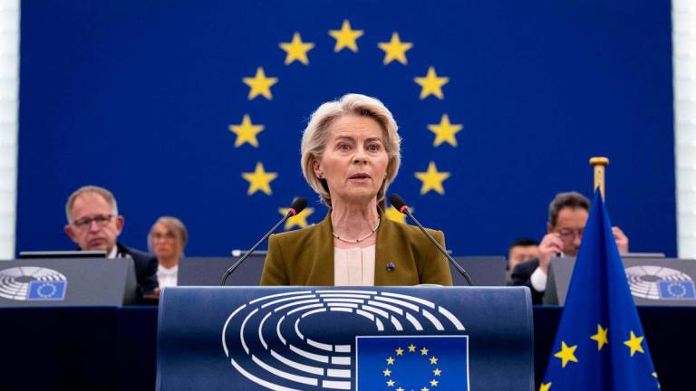 EU Commission President Ursula von der Leyen gives her annual State of the Union address during a plenary session at the European Parliament in Strasbourg, eastern France, on September 10, 2025. - SEBASTIEN BOZON / AFP
