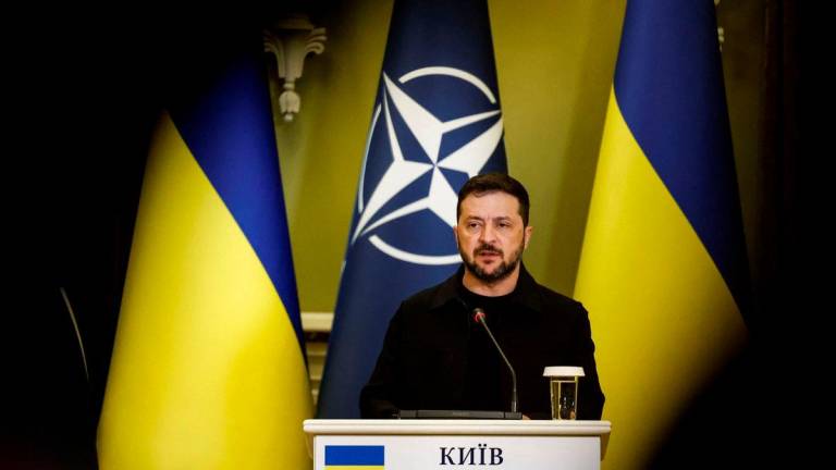 Ukrainian President Volodymyr Zelenskiy speaks at a press conference with NATO Secretary General Mark Rutte (not pictured), amid Russia’s attack on Ukraine, in Kyiv, Ukraine, August 22, 2025. REUTERS/Thomas Peter