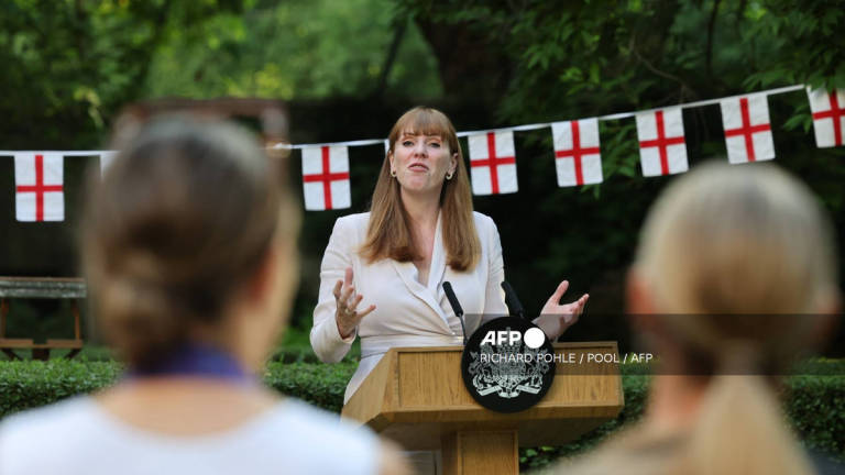 Britain's Deputy Prime Minister Angela Rayner (C) makes an address during a reception for the England Women's national football team in the garden at Downing Street in central London on July 28, 2025, after winning the Women's Euro 2025. - POOL via AFP