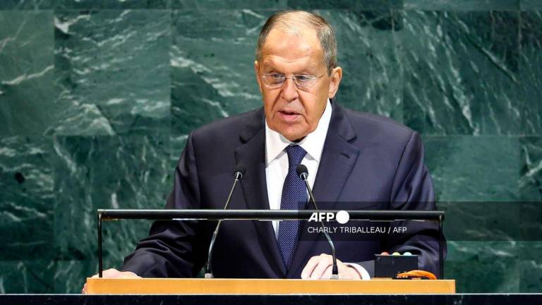 Russian Foreign Minister Sergei Lavrov addresses the United Nations General Assembly at UN headquarters in New York City on September 27, 2025. (Photo by CHARLY TRIBALLEAU / AFP)