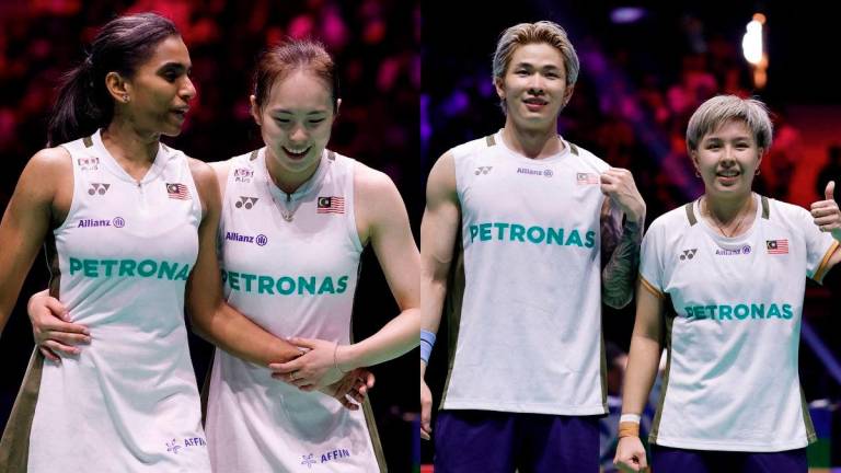 Malaysia’s Pearly Tan and Thinaah Muralitharan (left) celebrate after winning their women’s doubles semifinal match and Tang Jie Chen and Ee Wei Toh (right) celebrate after winning their mixed doubles semifinal match on August 30, 2025. - REUTERS