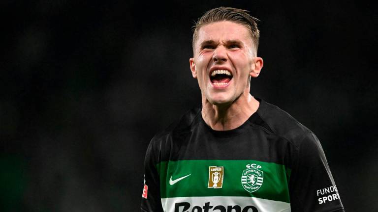 (FILES) Sporting Lisbon’s Swedish forward #09 Viktor Gyokeres celebrates scoring his team’s first goal during the Portuguese League football match between Sporting CP and SC Braga at Jose Alvalade stadium in Lisbon on April 7, 2025 - AFPpix