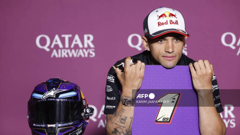 Prima Pramac Racing’s Jorge Martin of Spain attends the press conference pre-event ahead of the Qatar MotoGP Grand Prix at the Lusail International Circuit in Lusail, north of Doha, on April 10, 2025. - AFP