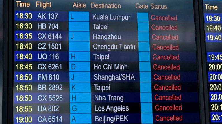 A departure board displays flight cancellations at Hong Kong International Airport, as Super Typhoon Ragasa disrupts travel, in Hong Kong, China, September 23, 2025. - REUTERSPIX