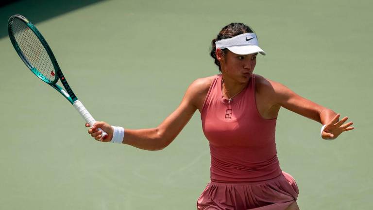 Emma Raducanu of the United Kingdom returns a shot against Maria Sakkari of Greece during a women’s singles match on day 5 of the Mubadala Citi DC Open 2025 at William H Maria Sakkari of Greece .G. FitzGerald Tennis Center on July 25, 2025 in Washington, DC - Photo by Scott Taetsch / GETTY IMAGES NORTH AMERICA / AFP